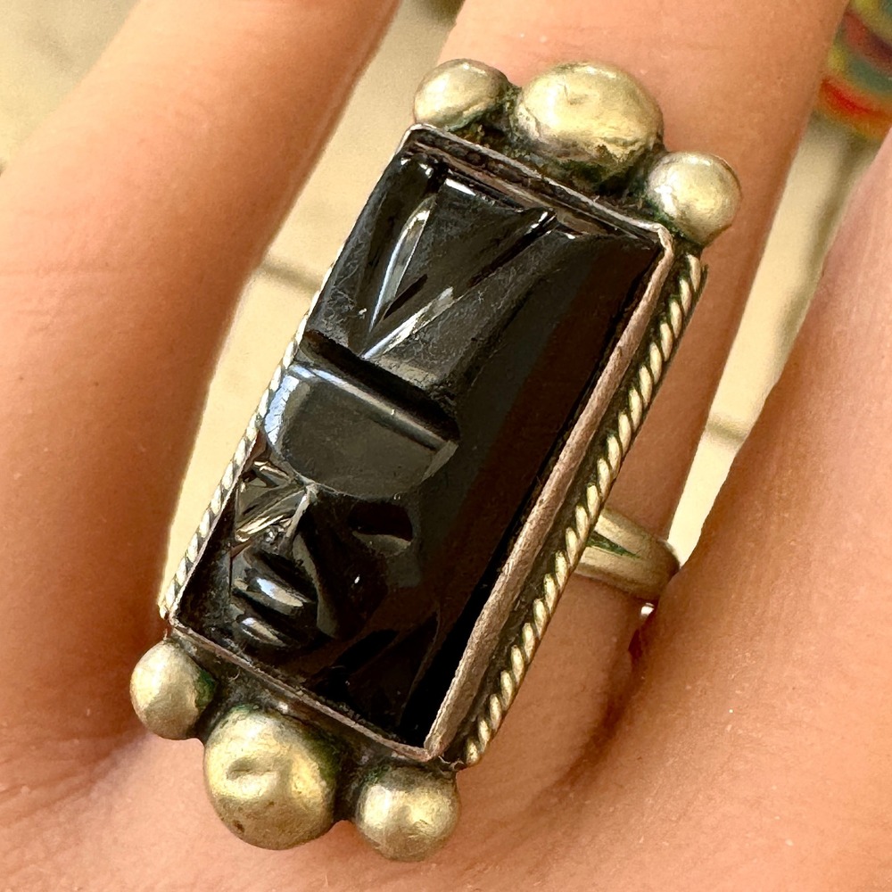 VTG Aztec Warrior Ring Carved Black Onyx Mexico Sz 7.5 Sterling Silver Face Mask